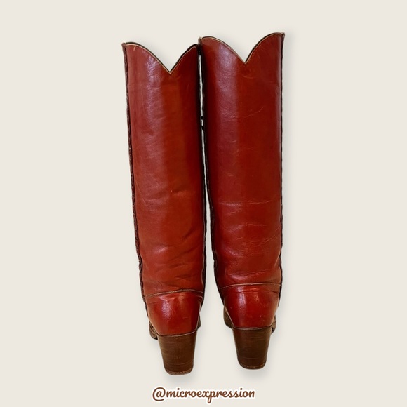 VINTAGE 1970s Frye Leather Red-Brown Leather Braided Knee High Block Heel Boot - Picture 9 of 16